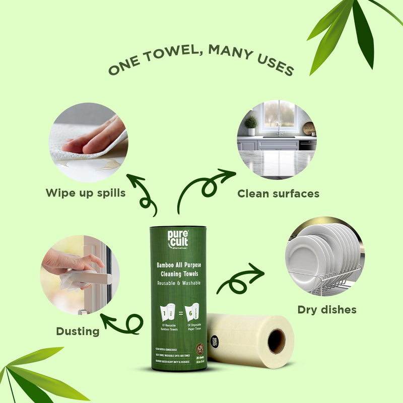PureCult Bamboo Reusable All-Purpose Kitchen Towels | Natural and Ecofriendly | 20 sheets | Equal to 6 months of Paper Napkins