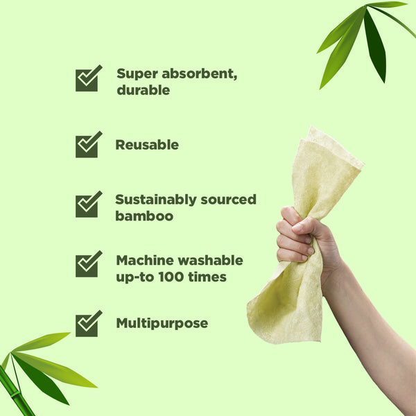 PureCult Bamboo Reusable All-Purpose Kitchen Towels | Natural and Ecofriendly | 20 sheets | Equal to 6 months of Paper Napkins